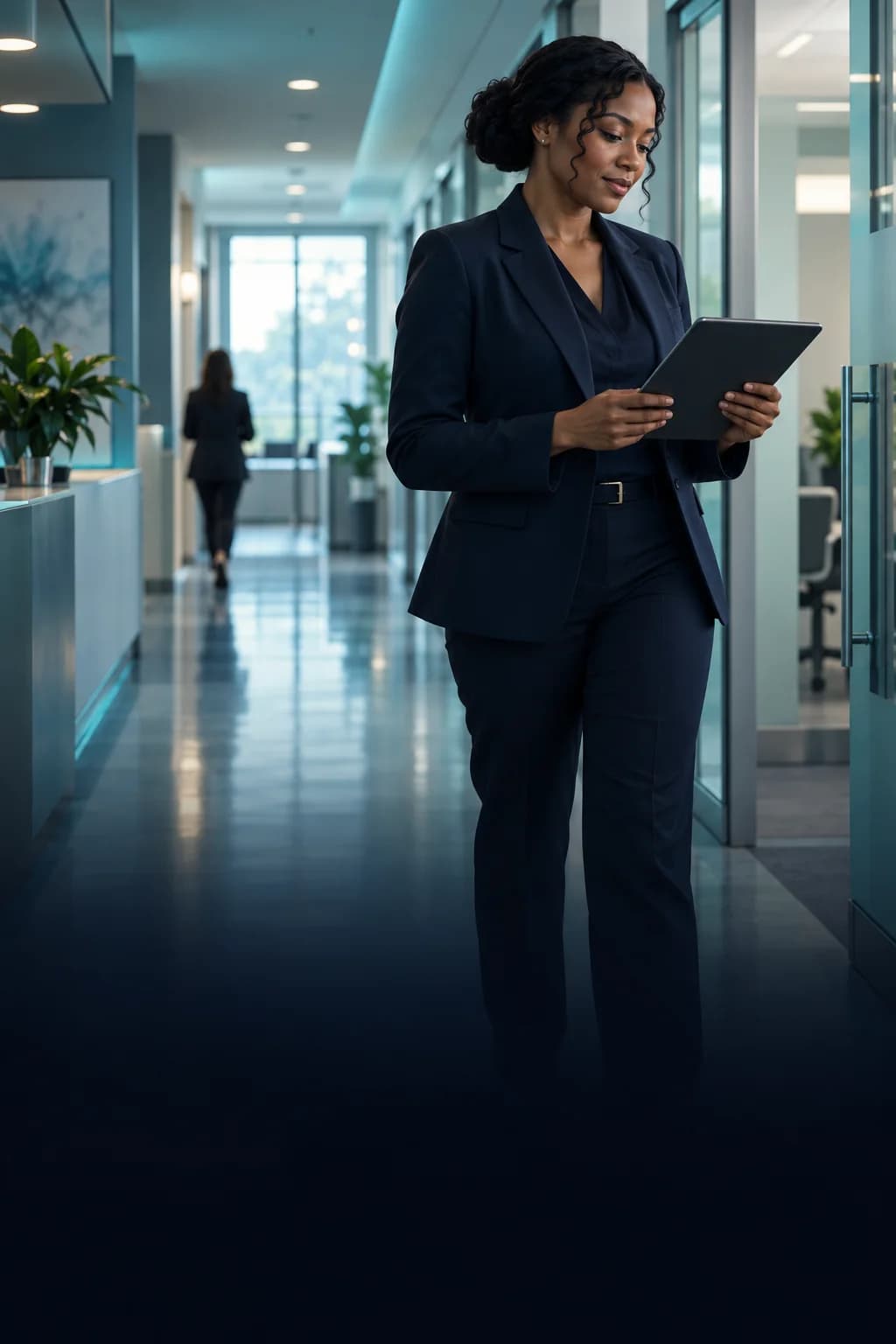 An operations manager reviewing a tablet in a professional office corridor.