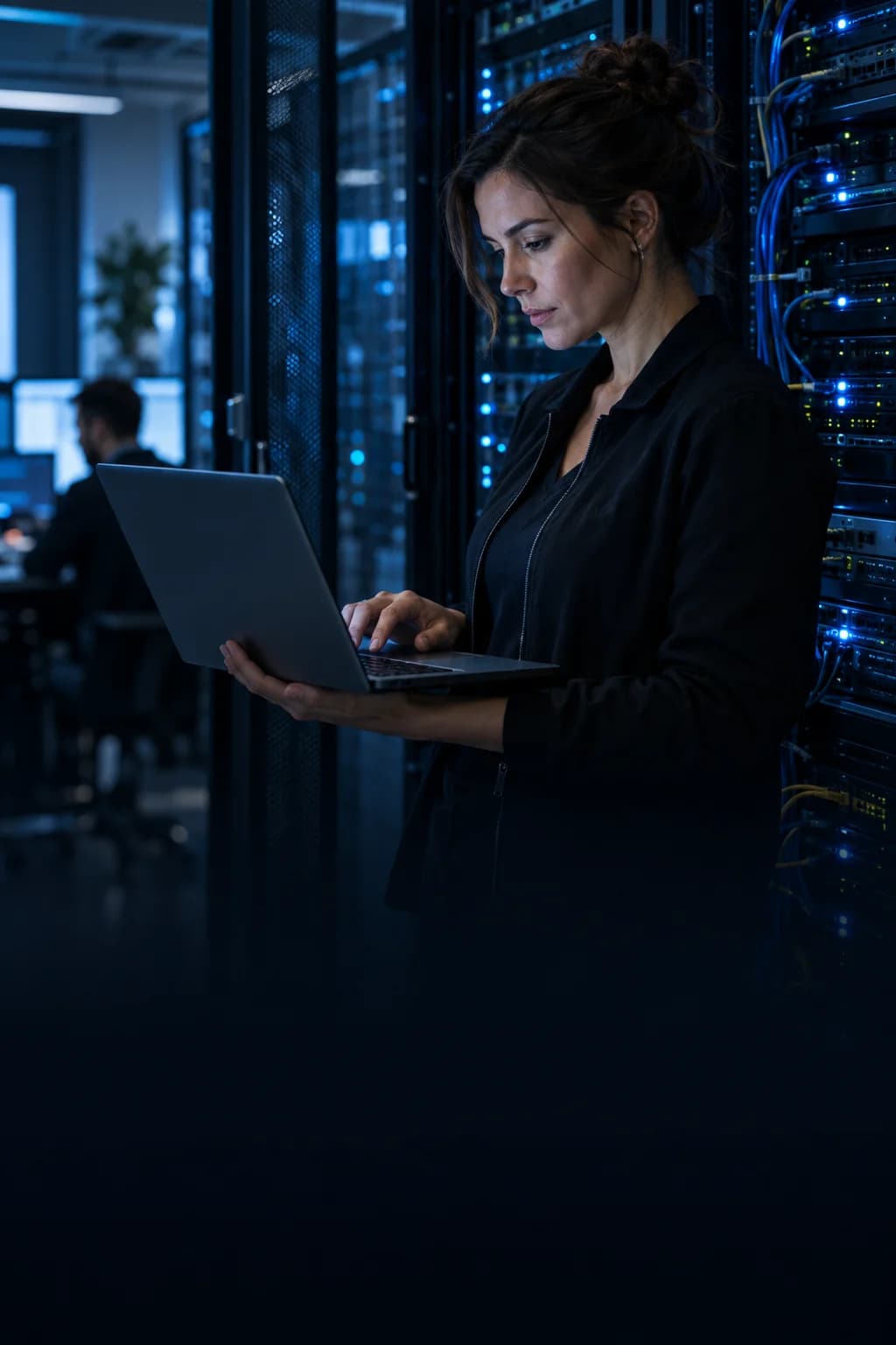An IT service professional reviewing a laptop beside network equipment.
