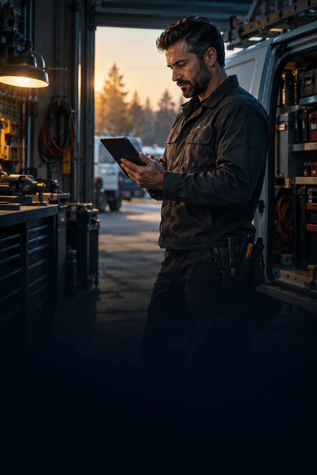 A trade business owner reviewing work beside a service van.